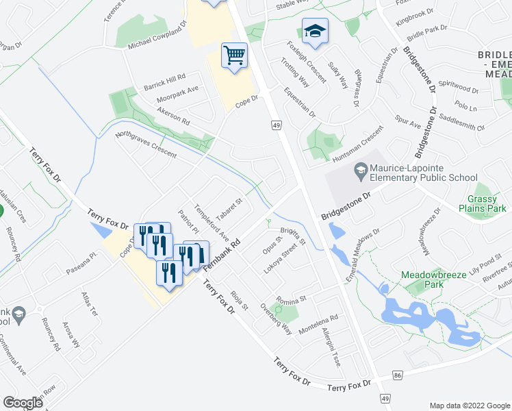 map of restaurants, bars, coffee shops, grocery stores, and more near 628 Pepperville Crescent in Ottawa