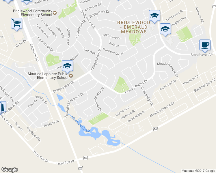 map of restaurants, bars, coffee shops, grocery stores, and more near 9335 Grassy Plains Drive in Ottawa