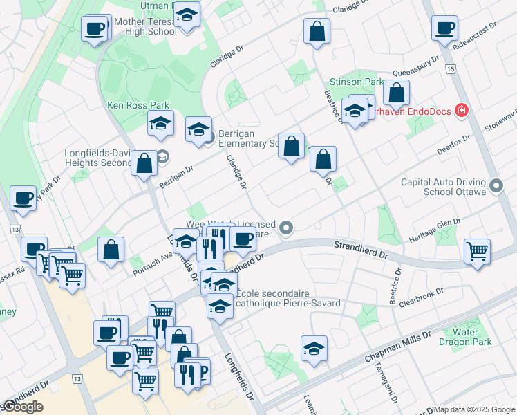 map of restaurants, bars, coffee shops, grocery stores, and more near 436 Claridge Drive in Ottawa