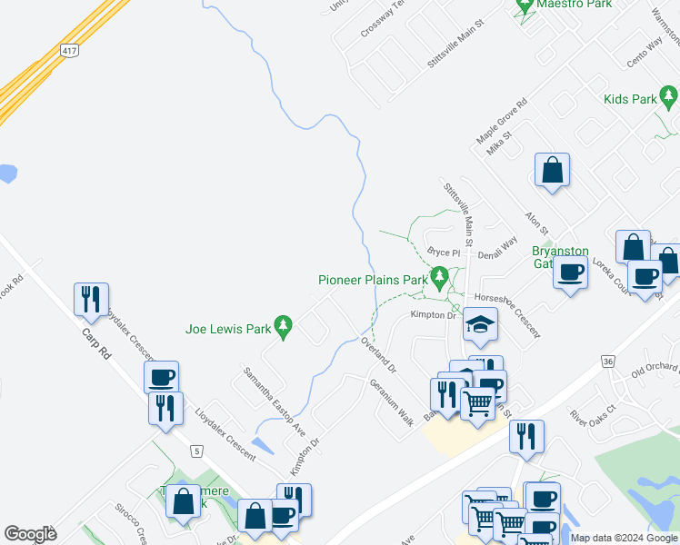 map of restaurants, bars, coffee shops, grocery stores, and more near 723 Eagle Crest Heights in Ottawa