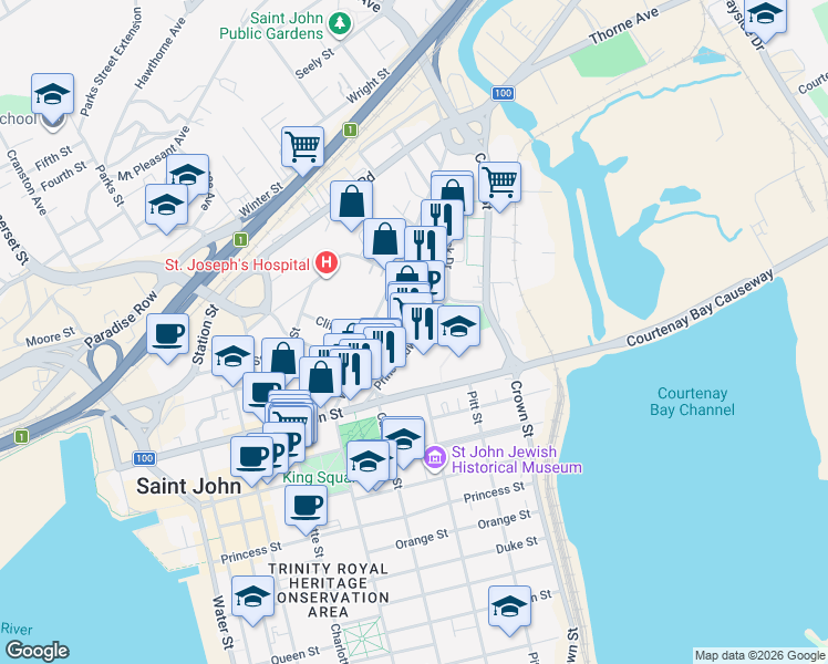 map of restaurants, bars, coffee shops, grocery stores, and more near 121 Prince Edward Street in Saint John
