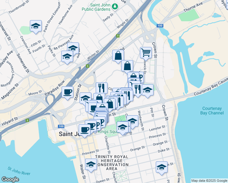 map of restaurants, bars, coffee shops, grocery stores, and more near 40 Cliff Street in Saint John
