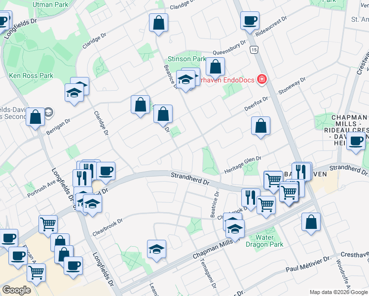 map of restaurants, bars, coffee shops, grocery stores, and more near 119 Deerfox Drive in Ottawa