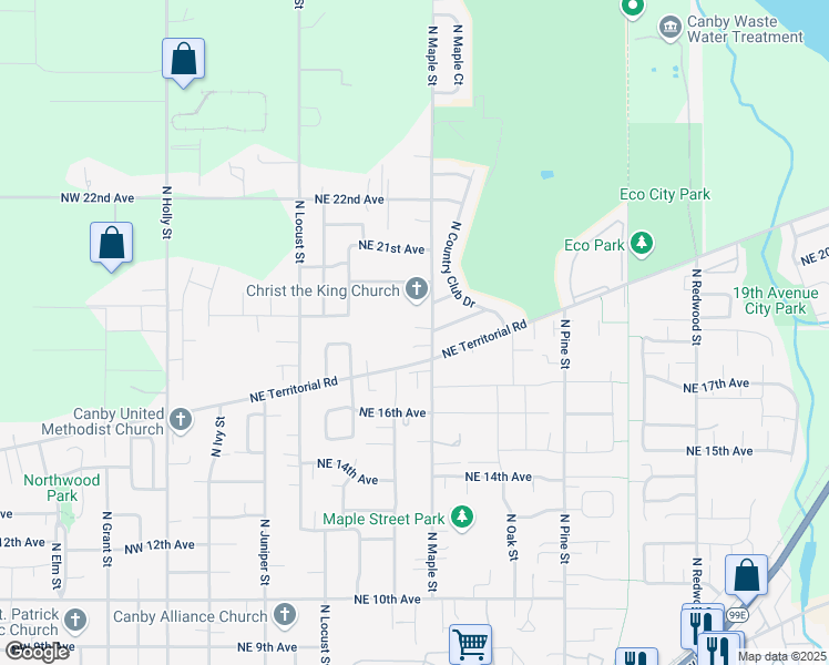 map of restaurants, bars, coffee shops, grocery stores, and more near 1855 North Maple Street in Canby