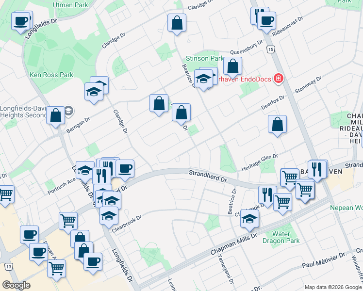 map of restaurants, bars, coffee shops, grocery stores, and more near in Ottawa