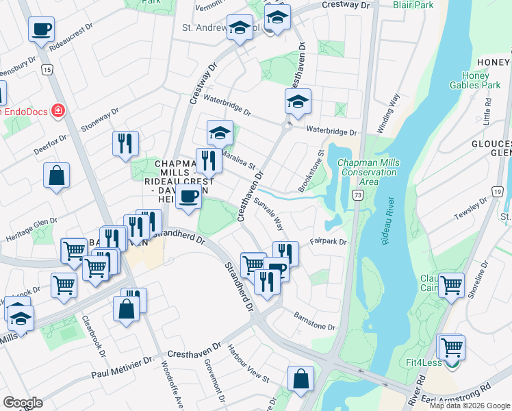 map of restaurants, bars, coffee shops, grocery stores, and more near 2 Camberley Street in Ottawa