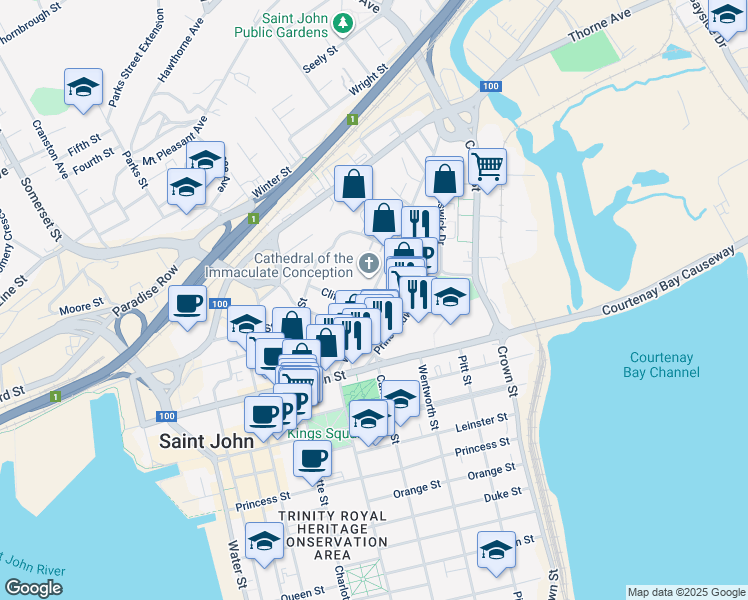 map of restaurants, bars, coffee shops, grocery stores, and more near 100 Waterloo Street in Saint John