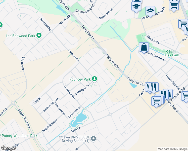 map of restaurants, bars, coffee shops, grocery stores, and more near 569 Rouncey Road in Ottawa