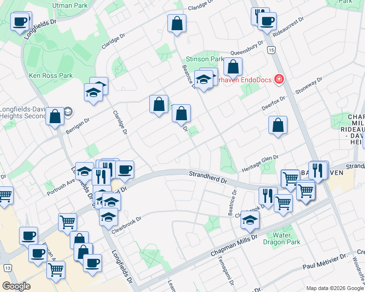 map of restaurants, bars, coffee shops, grocery stores, and more near 244 Deerfox Drive in Ottawa
