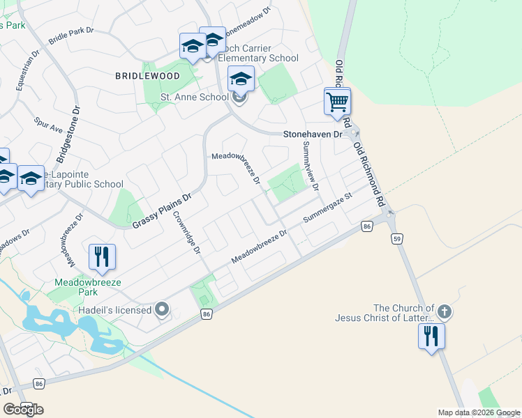 map of restaurants, bars, coffee shops, grocery stores, and more near 611 Silver Spruce Way in Ottawa