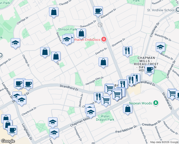 map of restaurants, bars, coffee shops, grocery stores, and more near in Ottawa