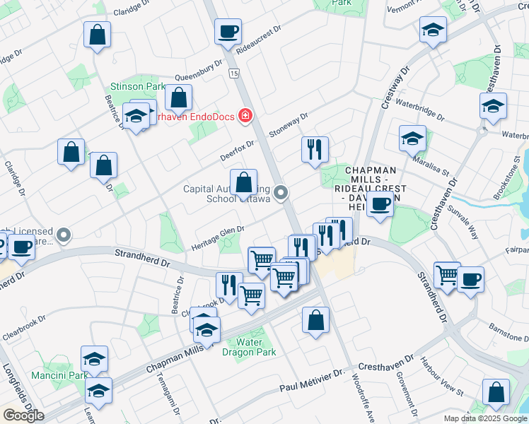 map of restaurants, bars, coffee shops, grocery stores, and more near 15 Heritage Glen Drive in Ottawa