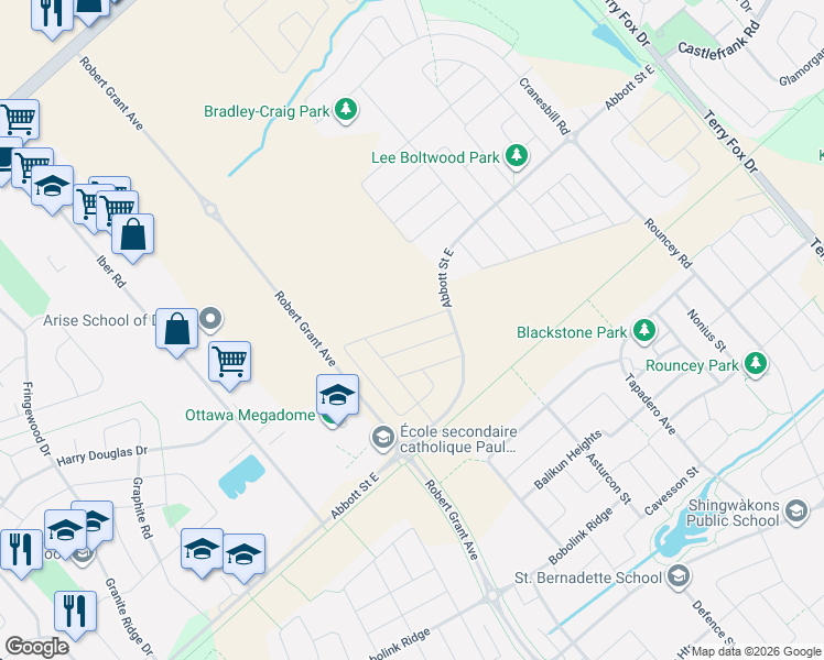 map of restaurants, bars, coffee shops, grocery stores, and more near 731 Fairline Row in Ottawa