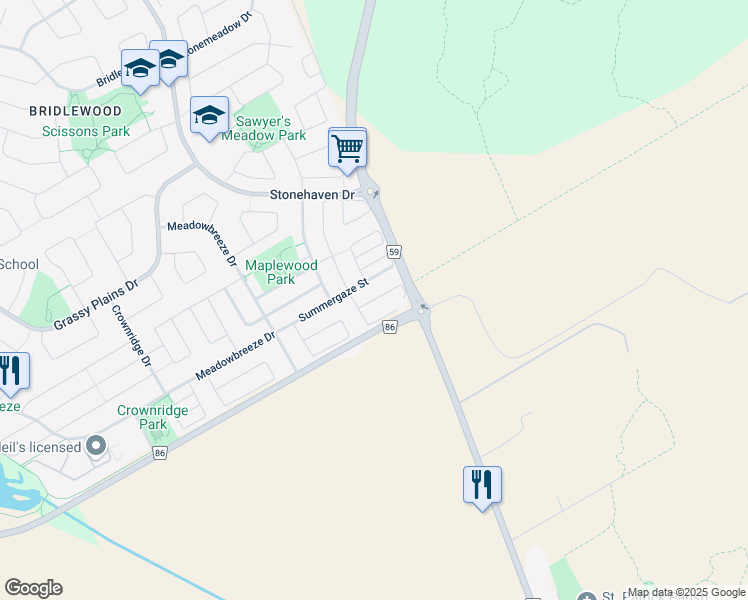 map of restaurants, bars, coffee shops, grocery stores, and more near Conifer Creek Circle in Ottawa