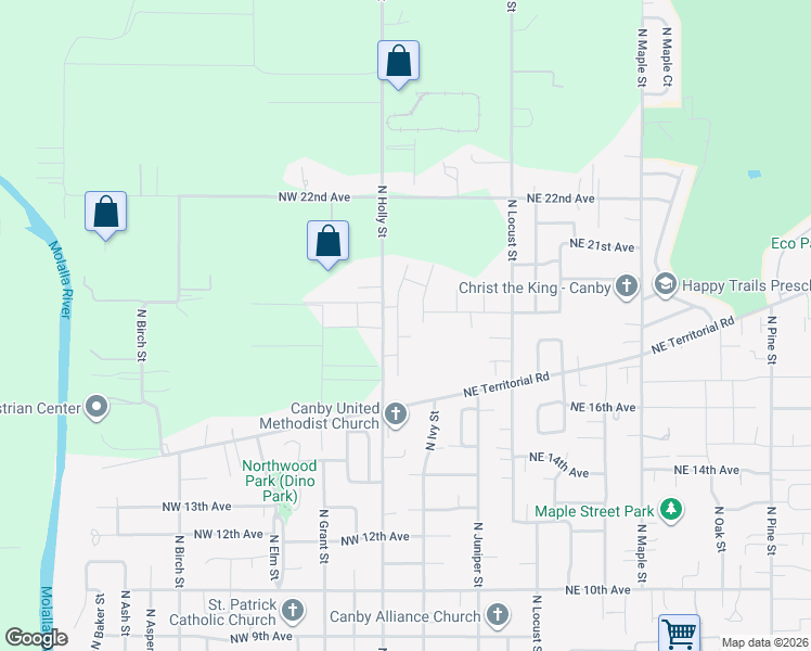 map of restaurants, bars, coffee shops, grocery stores, and more near 1886 North Hyssop Street in Canby