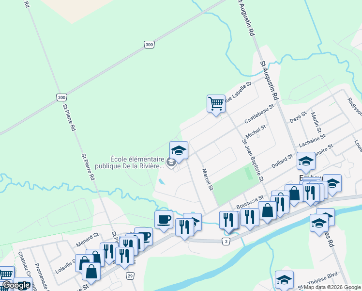 map of restaurants, bars, coffee shops, grocery stores, and more near 14 Academie Street in Embrun