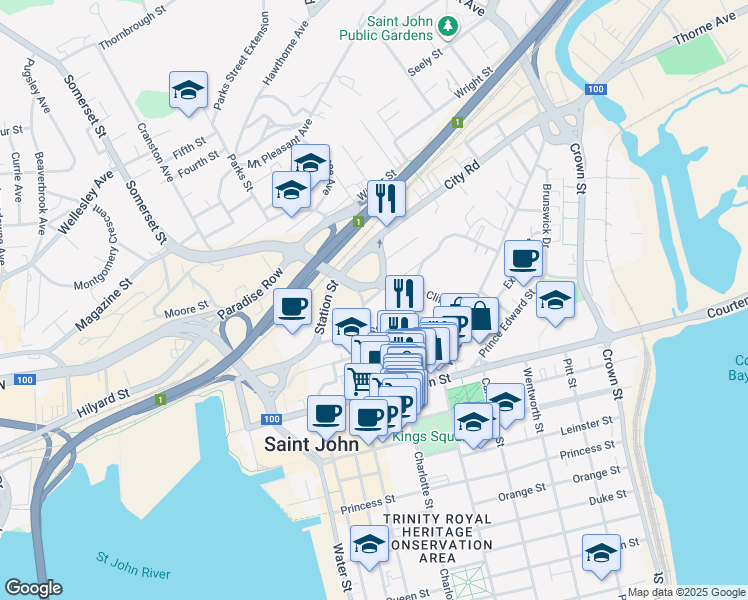 map of restaurants, bars, coffee shops, grocery stores, and more near 50 Hazen Street in Saint John
