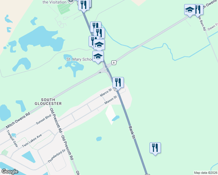 map of restaurants, bars, coffee shops, grocery stores, and more near 7099 Marco Street in Ottawa