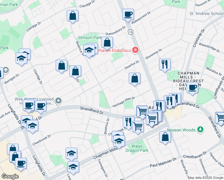 map of restaurants, bars, coffee shops, grocery stores, and more near 42 Settlers Ridge Way in Ottawa