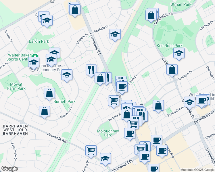 map of restaurants, bars, coffee shops, grocery stores, and more near 8 Sunridge Lane in Ottawa