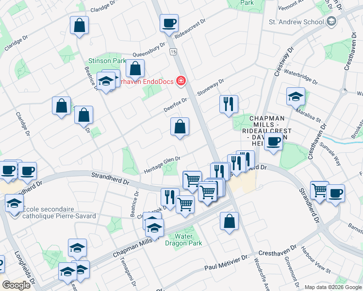 map of restaurants, bars, coffee shops, grocery stores, and more near 32 Tierney Drive in Ottawa