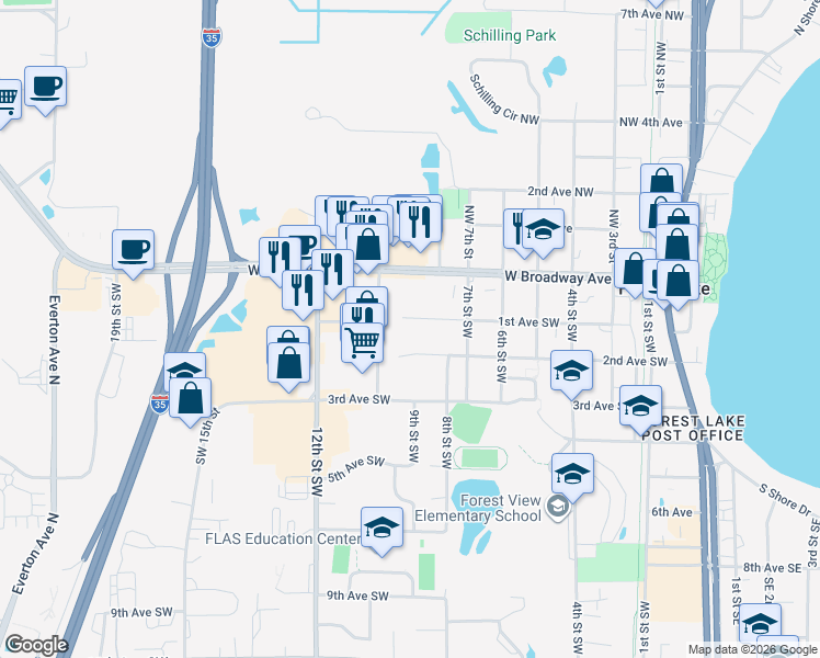 map of restaurants, bars, coffee shops, grocery stores, and more near 923 2nd Avenue Southwest in Forest Lake