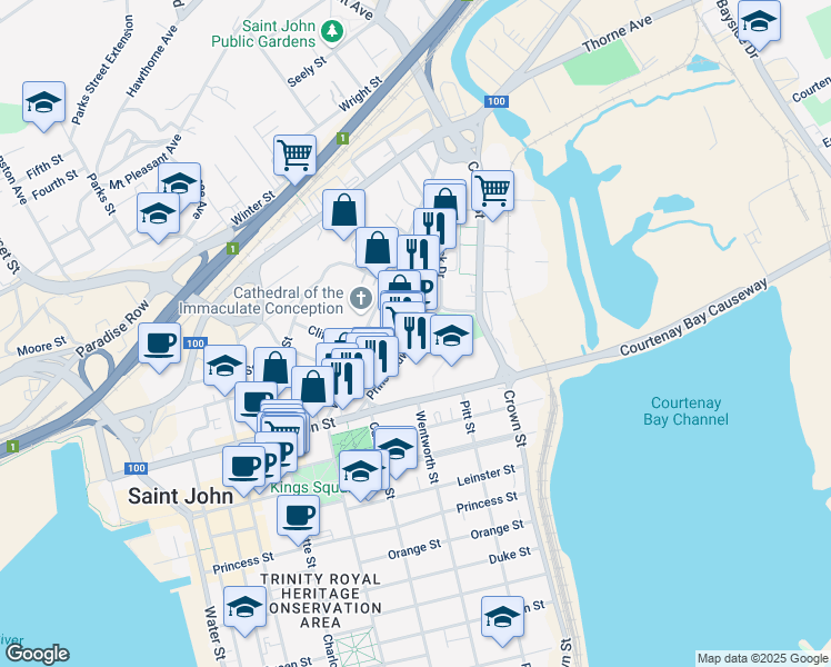 map of restaurants, bars, coffee shops, grocery stores, and more near 135 Prince Edward Street in Saint John