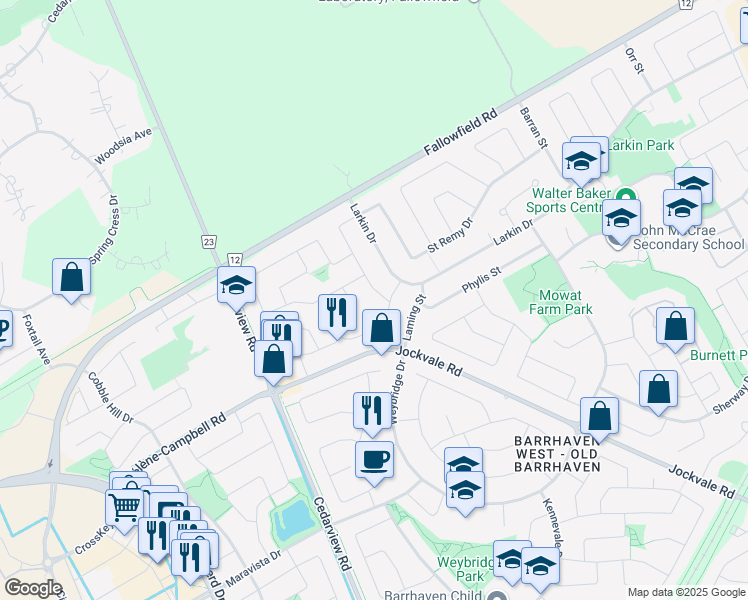 map of restaurants, bars, coffee shops, grocery stores, and more near 53 Otten Drive in Ottawa