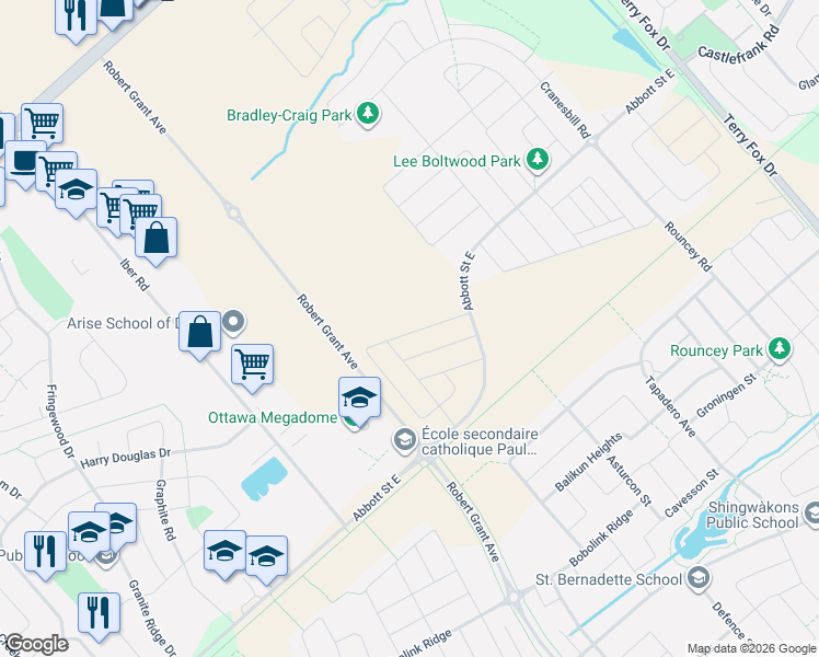 map of restaurants, bars, coffee shops, grocery stores, and more near 750 Fairline Row in Ottawa