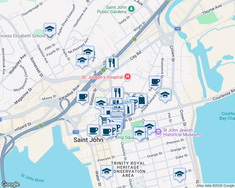 map of restaurants, bars, coffee shops, grocery stores, and more near 75 Coburg Street in Saint John