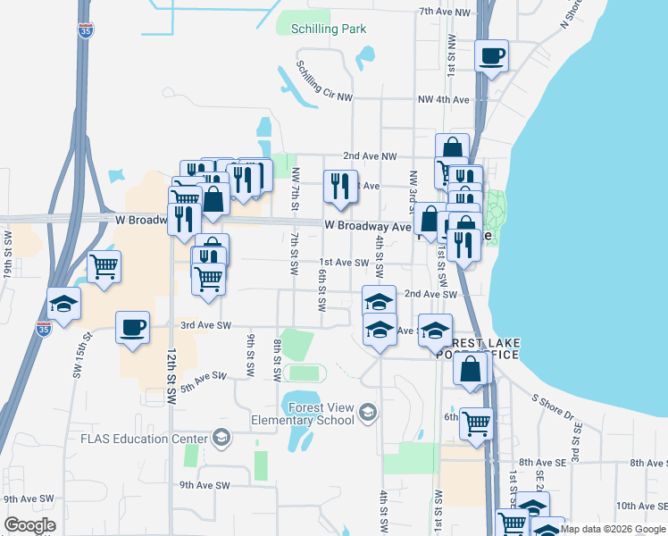 map of restaurants, bars, coffee shops, grocery stores, and more near 544 1st Avenue Southwest in Forest Lake