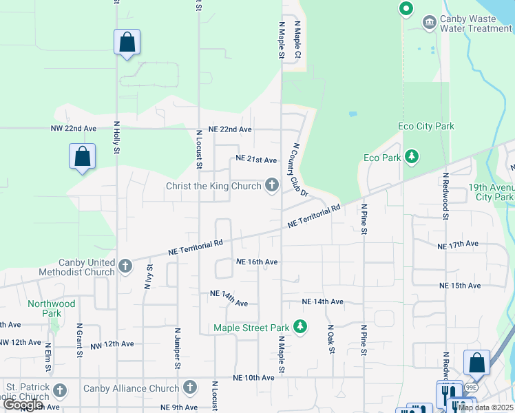 map of restaurants, bars, coffee shops, grocery stores, and more near 1855 North Maple Street in Canby