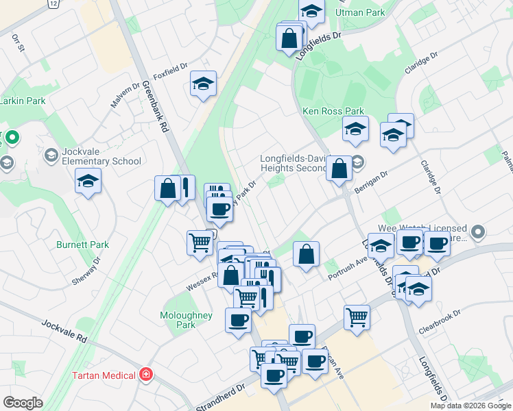 map of restaurants, bars, coffee shops, grocery stores, and more near 58 Edgeware Drive in Ottawa