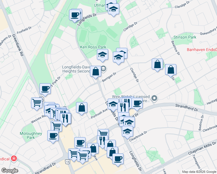 map of restaurants, bars, coffee shops, grocery stores, and more near 130 Berrigan Drive in Ottawa