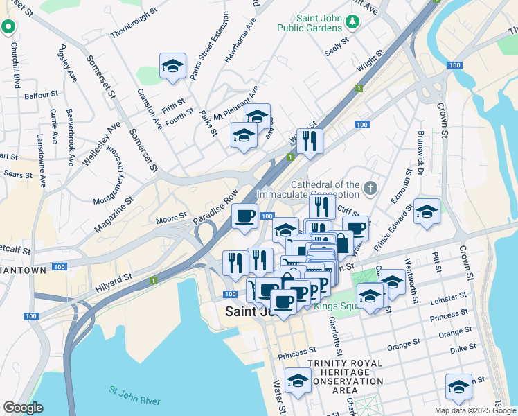 map of restaurants, bars, coffee shops, grocery stores, and more near 125 Station Street in Saint John