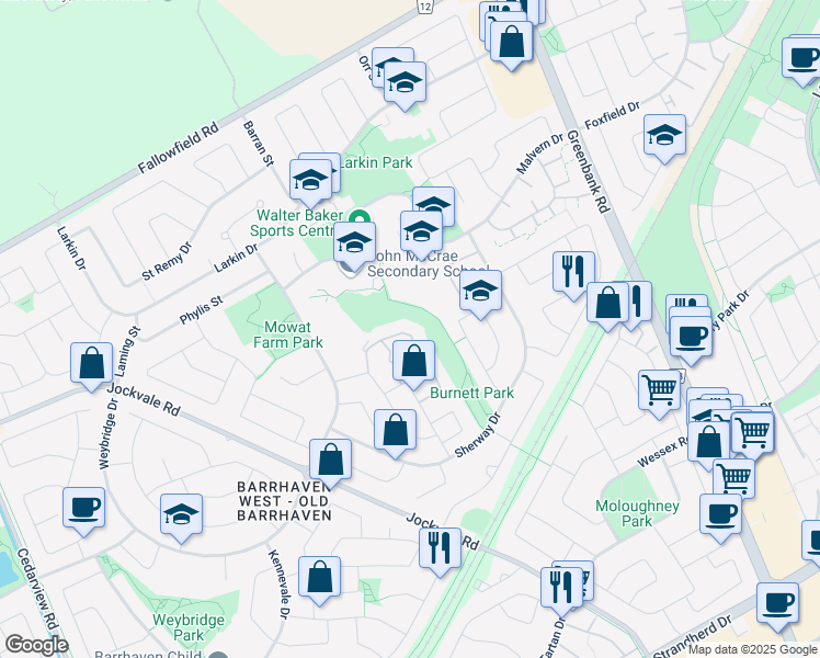 map of restaurants, bars, coffee shops, grocery stores, and more near 10 Maple Ridge Crescent in Ottawa