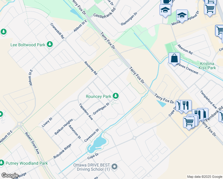 map of restaurants, bars, coffee shops, grocery stores, and more near 569 Rouncey Road in Ottawa