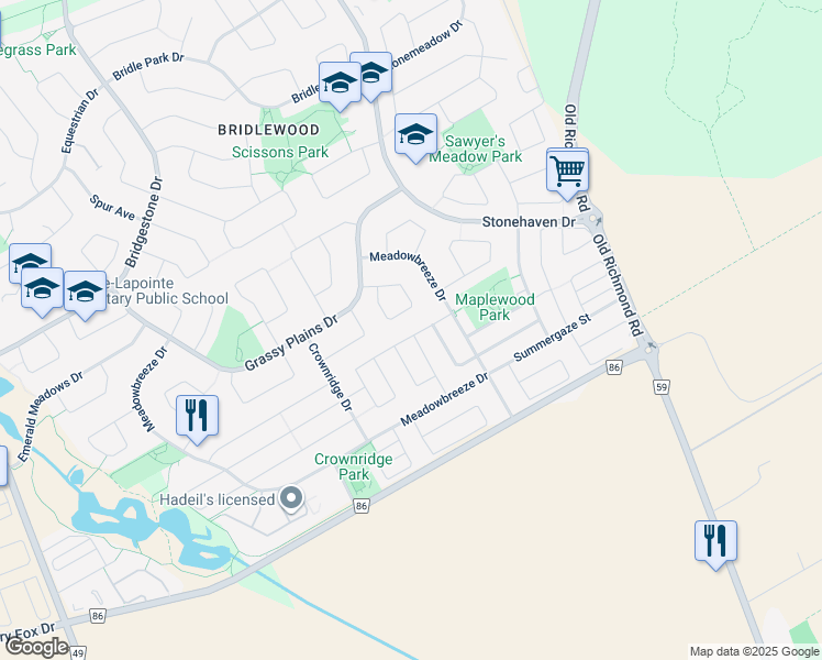 map of restaurants, bars, coffee shops, grocery stores, and more near 122 Asper Trail Circle in Ottawa