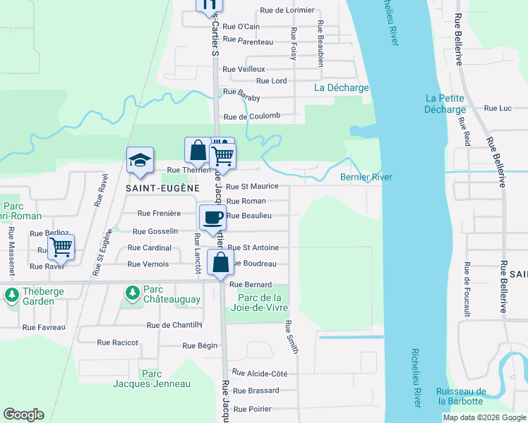 map of restaurants, bars, coffee shops, grocery stores, and more near 99 Rue Beaulieu in Saint-Jean-sur-Richelieu
