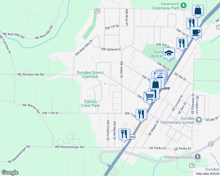 map of restaurants, bars, coffee shops, grocery stores, and more near 625 Southwest 9th Street in Dundee