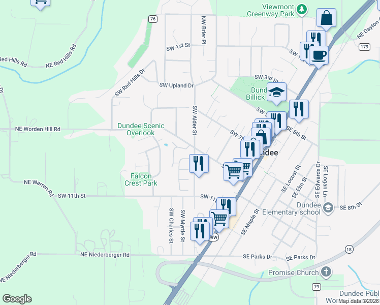 map of restaurants, bars, coffee shops, grocery stores, and more near 625 Southwest 9th Street in Dundee