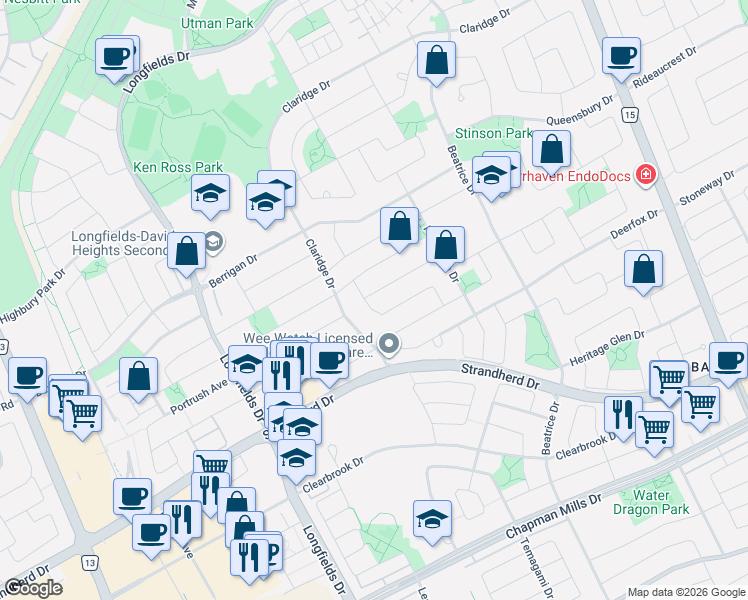 map of restaurants, bars, coffee shops, grocery stores, and more near 65 Alameda Way in Ottawa