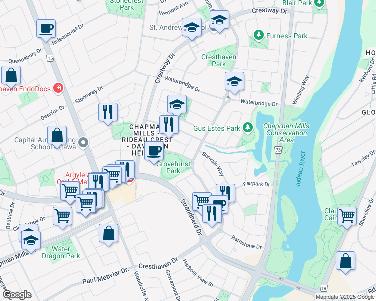 map of restaurants, bars, coffee shops, grocery stores, and more near 7 Karendale Street in Ottawa