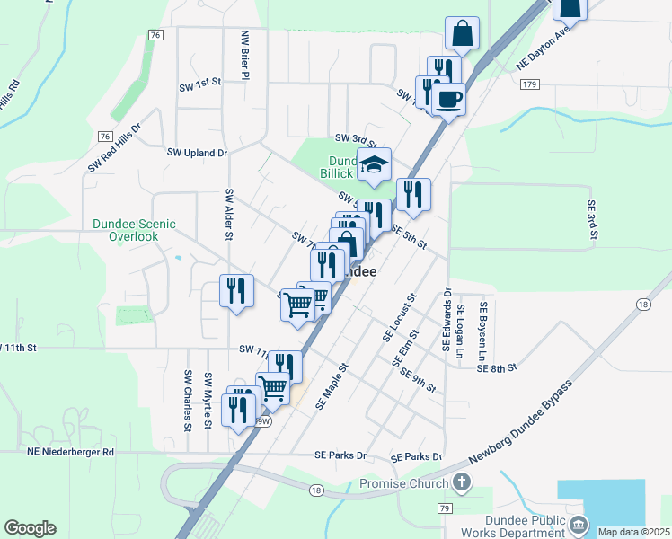 map of restaurants, bars, coffee shops, grocery stores, and more near 155 SW 7th St in Dundee