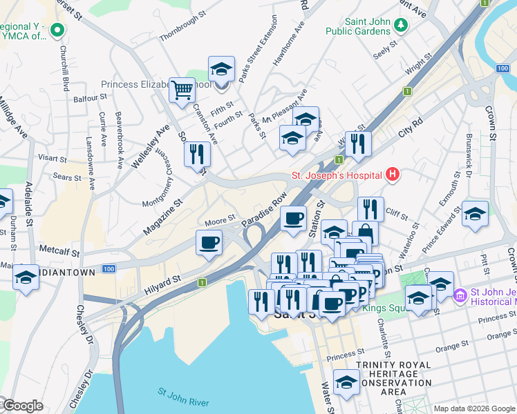 map of restaurants, bars, coffee shops, grocery stores, and more near 90 Paradise Row in Saint John