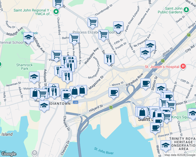 map of restaurants, bars, coffee shops, grocery stores, and more near 55 Magazine Street in Saint John