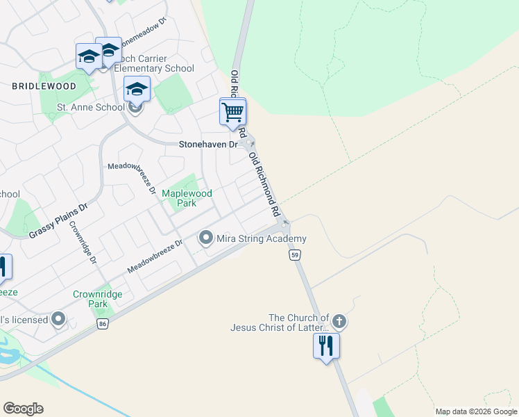 map of restaurants, bars, coffee shops, grocery stores, and more near 202 Conifer Creek Circle in Ottawa