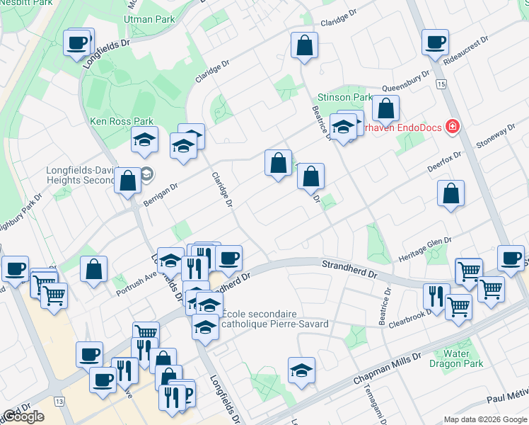 map of restaurants, bars, coffee shops, grocery stores, and more near 61 Alameda Way in Ottawa