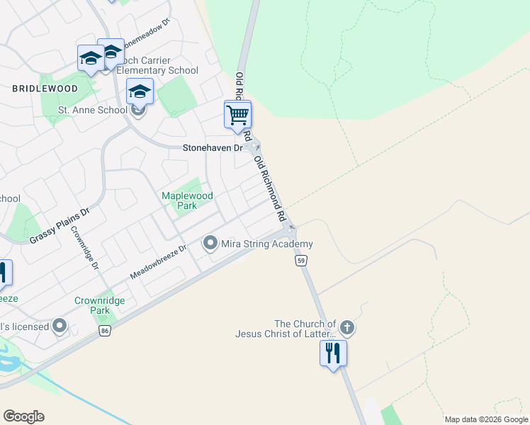 map of restaurants, bars, coffee shops, grocery stores, and more near 202 Conifer Creek Circle in Ottawa