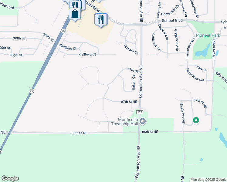 map of restaurants, bars, coffee shops, grocery stores, and more near 4333 87th Street Northeast in Monticello